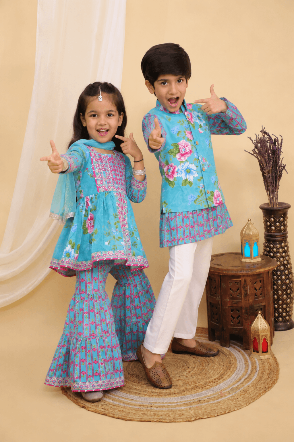 Baby Blue Jaipuri Sibling Set for Kids – Festive Ethnic Wear
