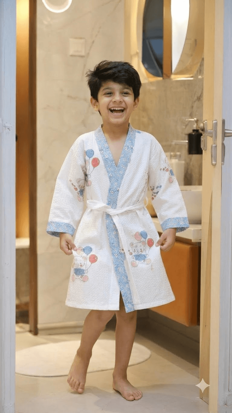 Kids Off-White & Powder Blue Elephant Balloon Printed 100% Cotton Waffle Bathrobe