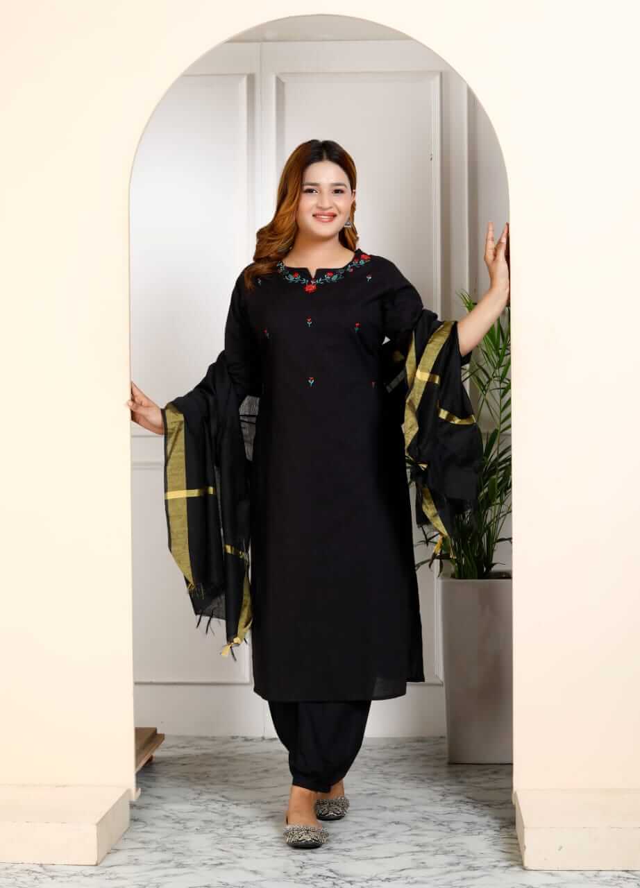 Women's Jet Black Pure Cotton Embroidered Kurta Afghani Salwar Set with Dupatta – 3-Piece Traditional Ethnic Suit Set with Gold Zari Border