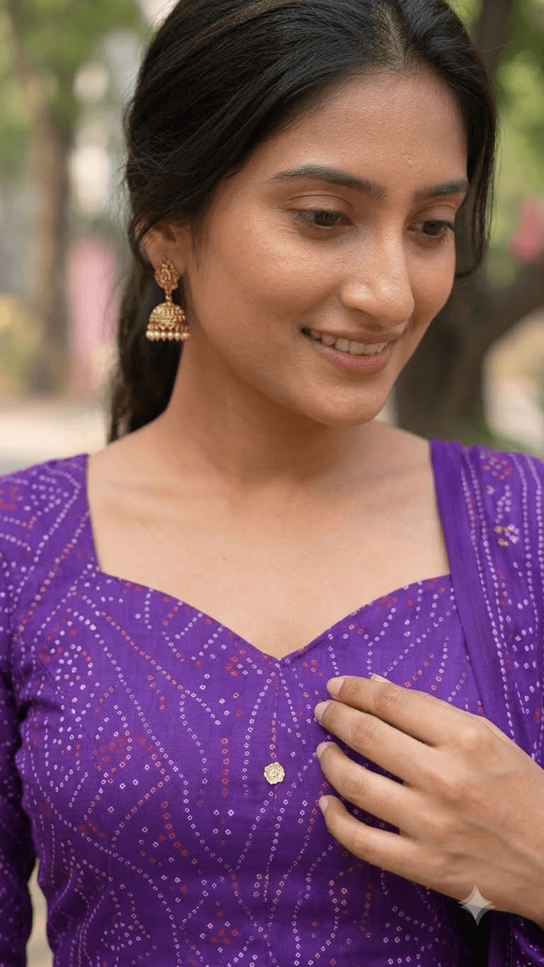 Women Purple Bandhani Printed Cotton Patiyala Salwar Suit Set with Dupatta