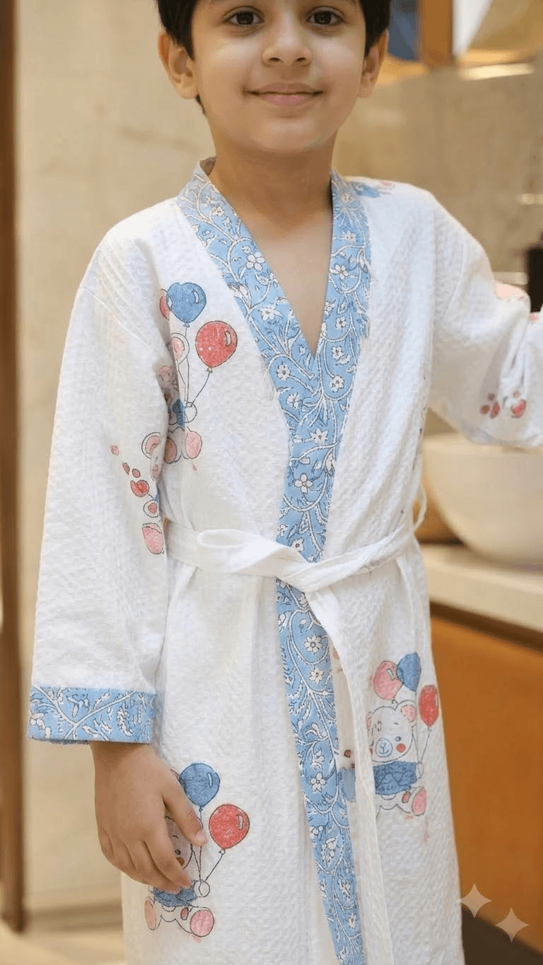 Kids Off-White & Powder Blue Elephant Balloon Printed 100% Cotton Waffle Bathrobe