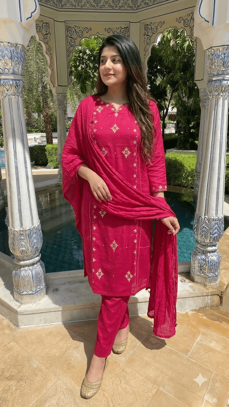 Maroon Embroidered Cotton Kurta with Sharara and Dupatta Set