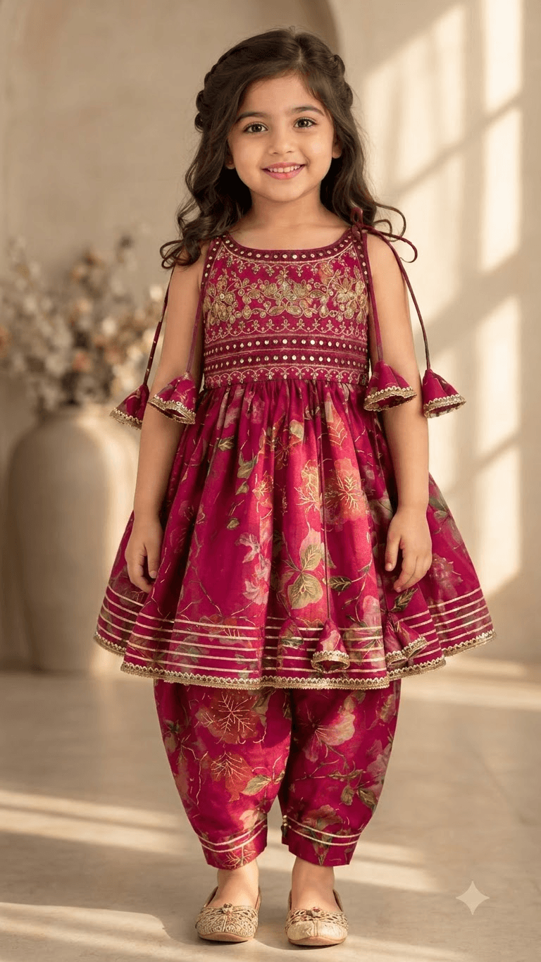Girls Magenta Pink Floral Printed Peplum Kurta with Dhoti Pant Set