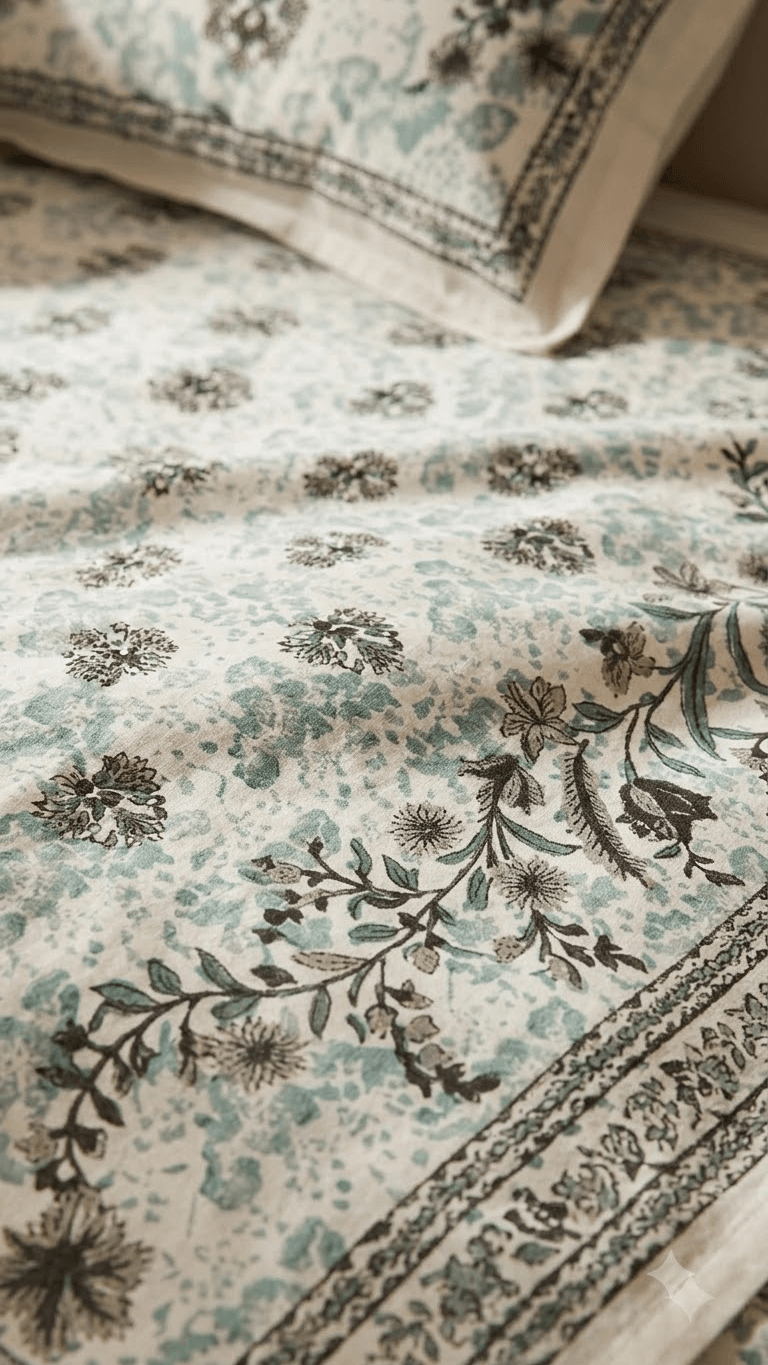 Mint Green and Dark Floral Block-Print Style Cotton Double Bedsheet with Pillow Covers
