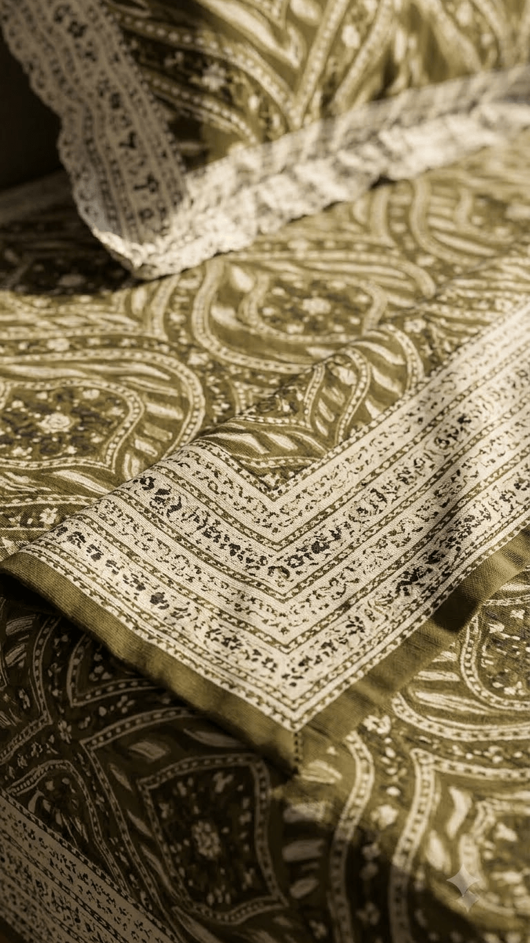 Olive Green and Gold Block-Print Style Cotton Double Bedsheet with Pillow Covers