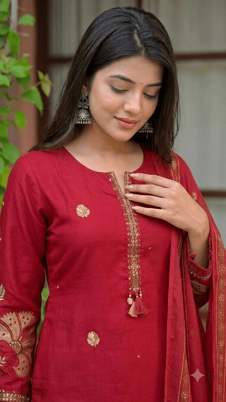 Red Embroidered Cotton Kurta with Palazzo and Dupatta Set