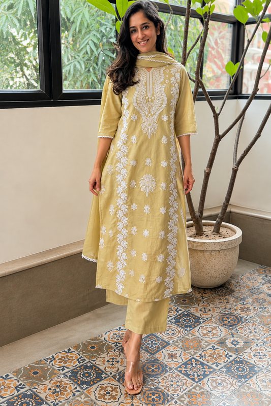 Women's Pista Green Embroidered Chikankari Kurta Pant Set with Dupatta – 3-Piece Cotton Mulmul Straight Lucknowi Suit Set