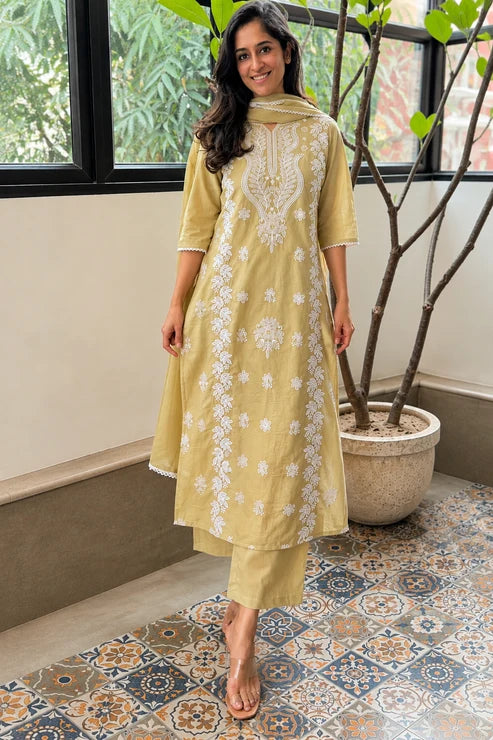 Women's Pista Green Embroidered Chikankari Kurta Pant Set with Dupatta – 3-Piece Cotton Mulmul Straight Lucknowi Suit Set
