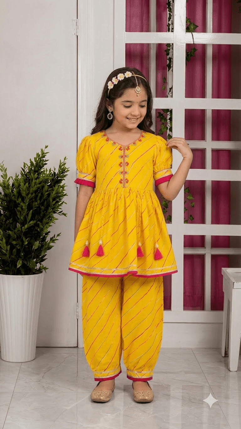 Girls Yellow & Pink Leheriya Printed Cotton Kurta with Dhoti Pant Set