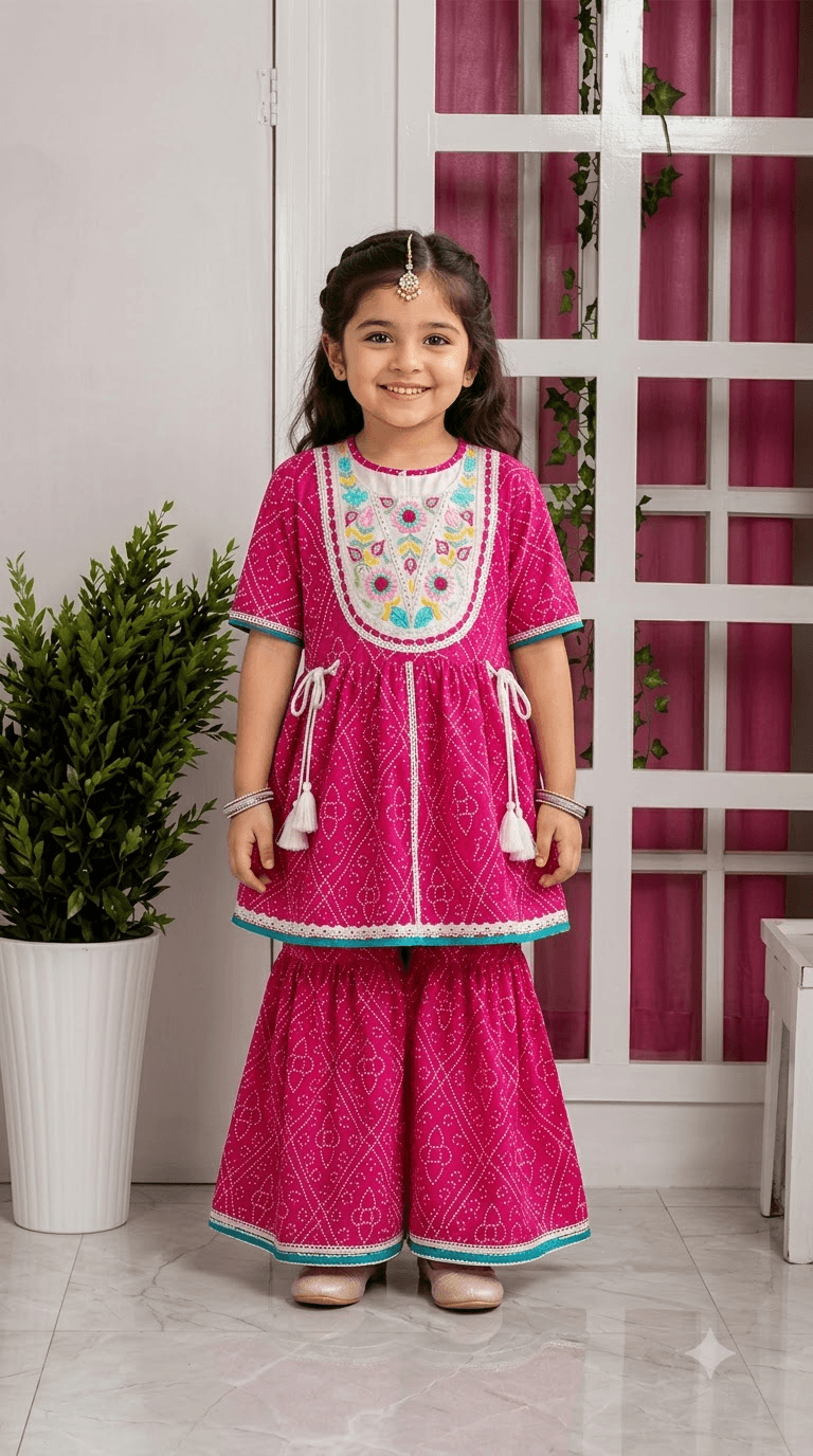 Girls Fuchsia Pink Bandhani Printed Cotton Sharara Suit Set with Embroidered Yoke