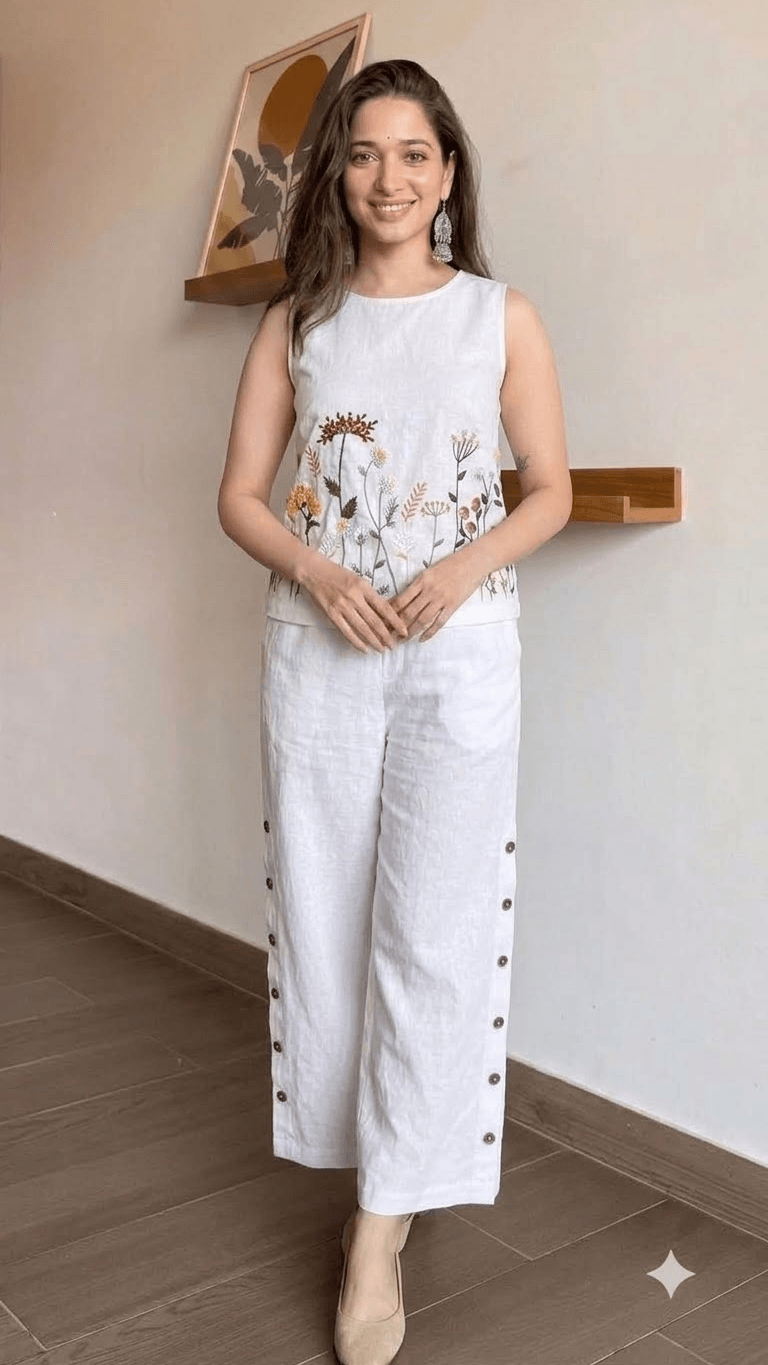 White Embroidered Cotton Sleeveless Top with Wide-Leg Trouser Set