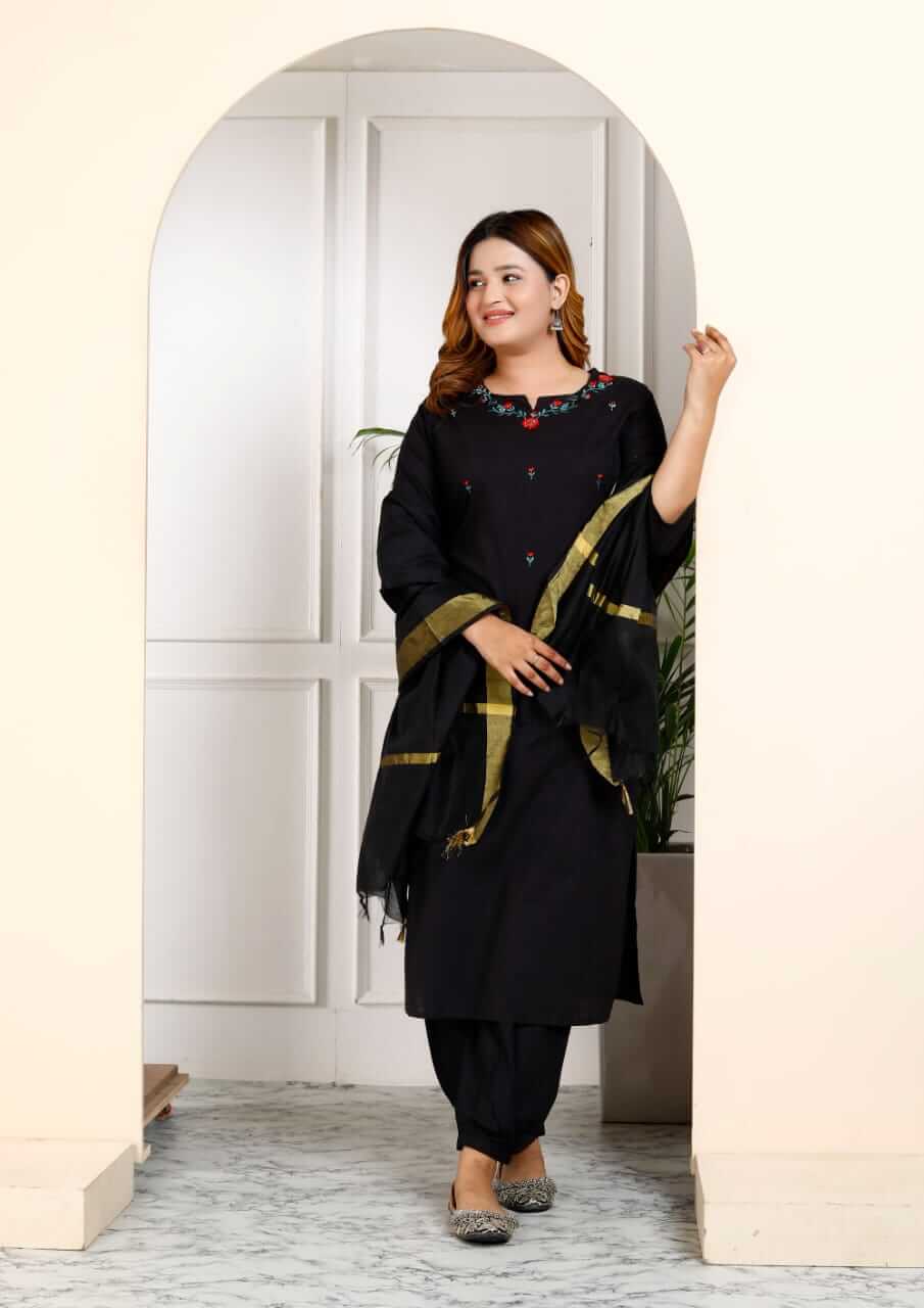 Women's Jet Black Pure Cotton Embroidered Kurta Afghani Salwar Set with Dupatta – 3-Piece Traditional Ethnic Suit Set with Gold Zari Border