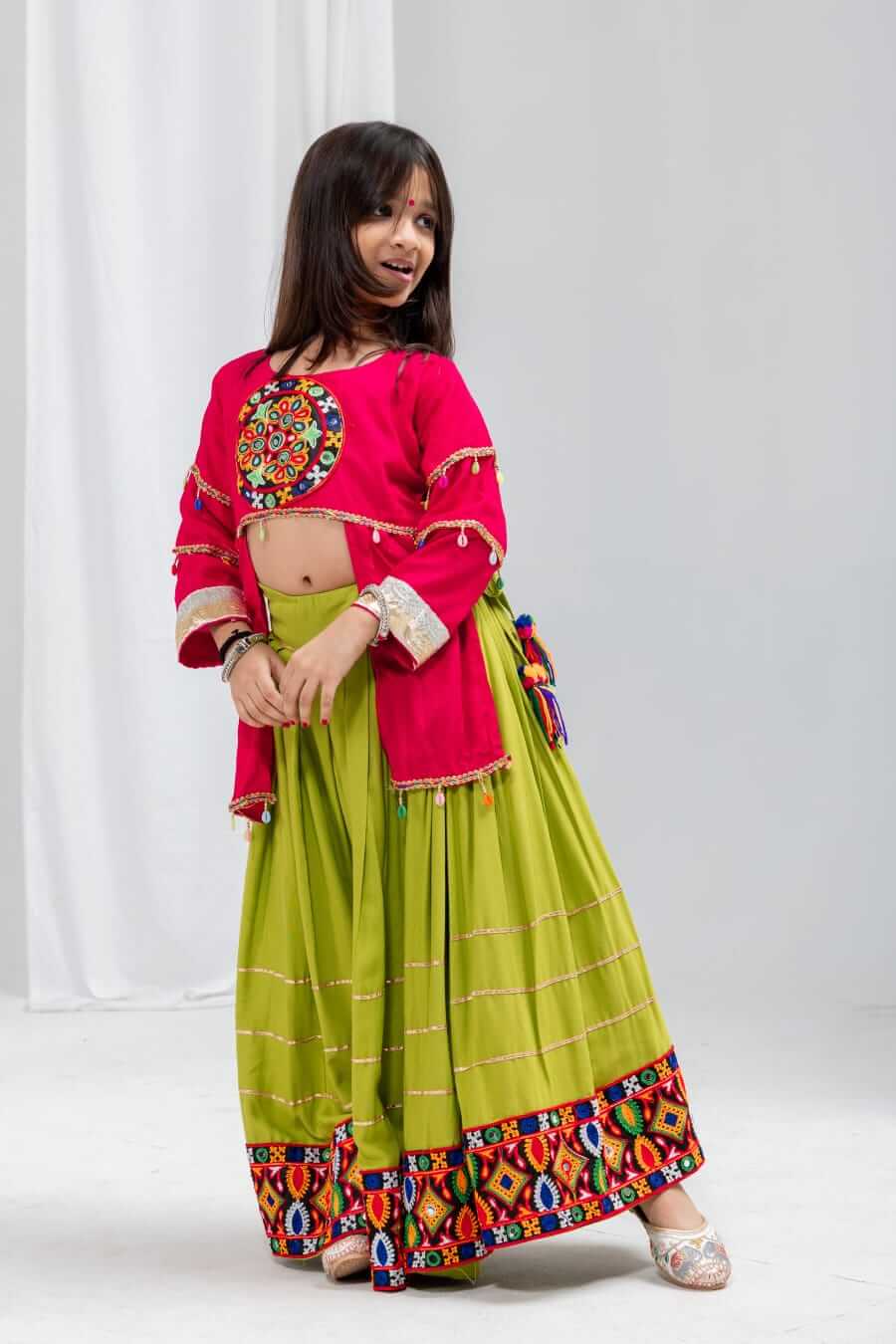 Girls Navratri Special Pink & Olive Green Cotton Lehenga Choli Set with Mirror Work