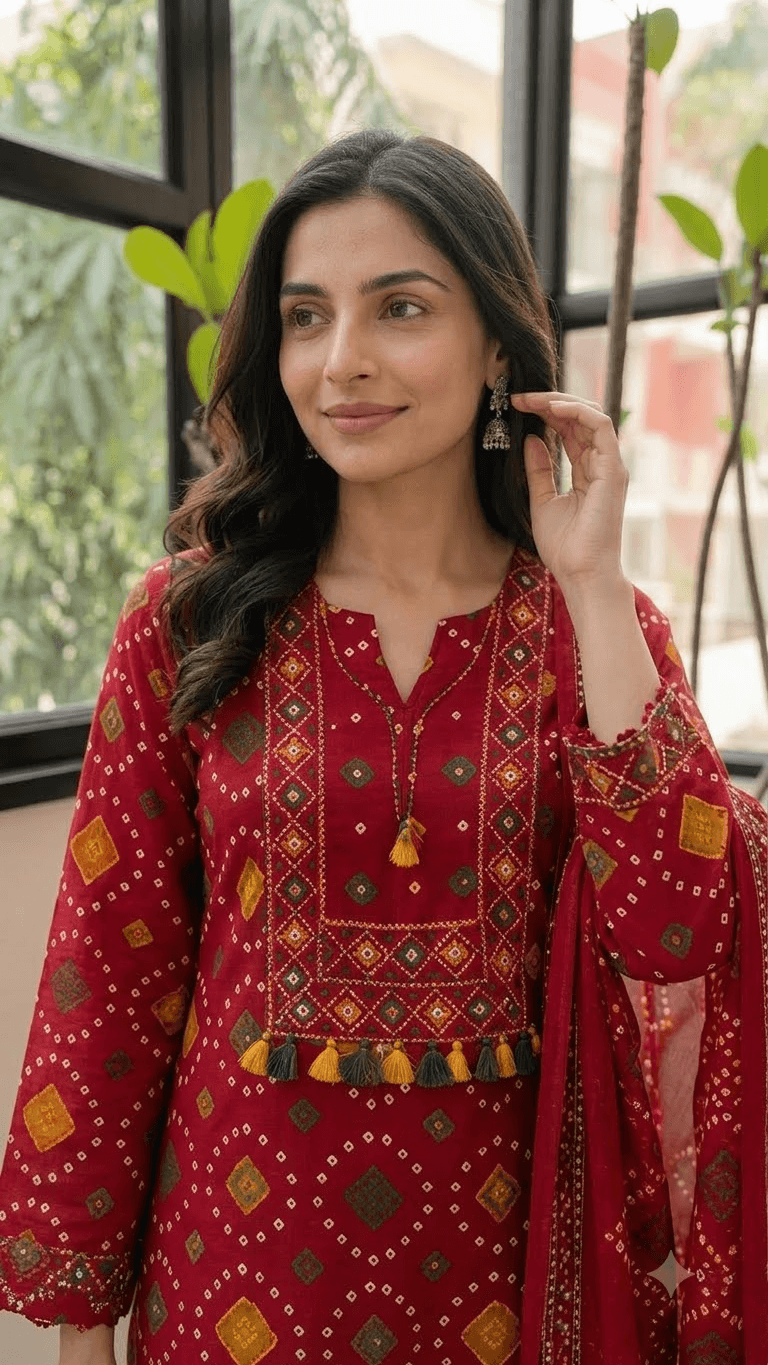 Women Maroon Bandhani Printed Cotton Patiala Suit Set with Dupatta