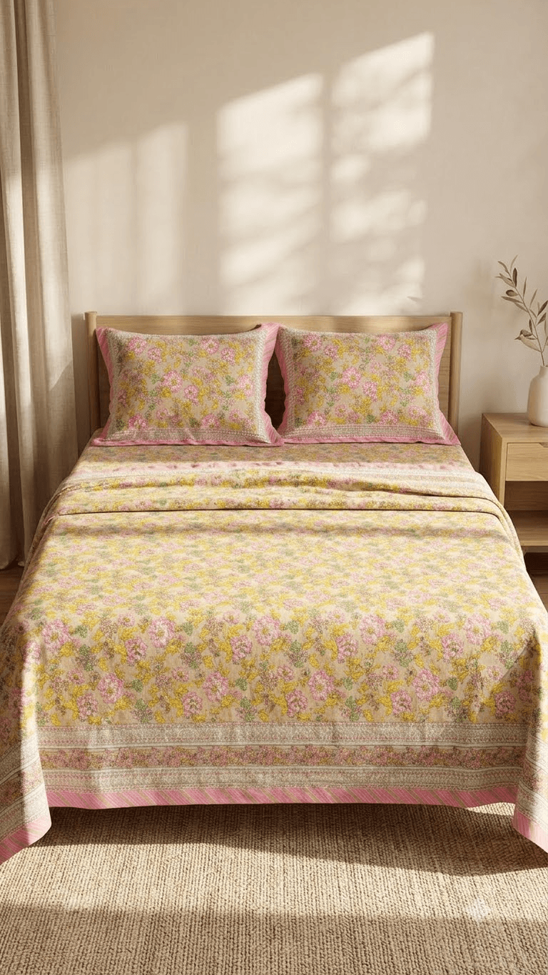 Pink and Yellow Floral Block-Print Style Cotton Double Bedsheet with Pillow Covers