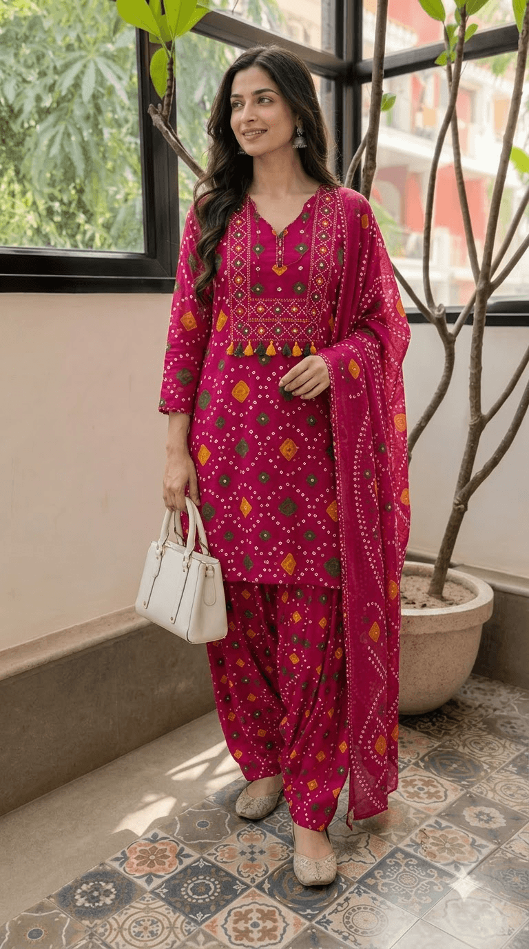 Women Magenta Bandhani Printed Cotton Patiala Suit Set with Dupatta