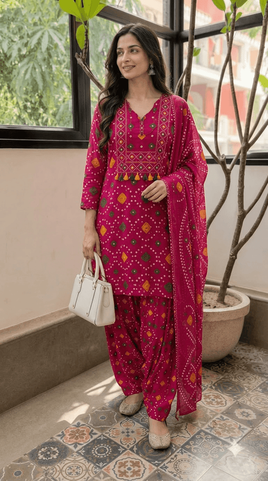 Women Magenta Bandhani Printed Cotton Patiala Suit Set with Dupatta