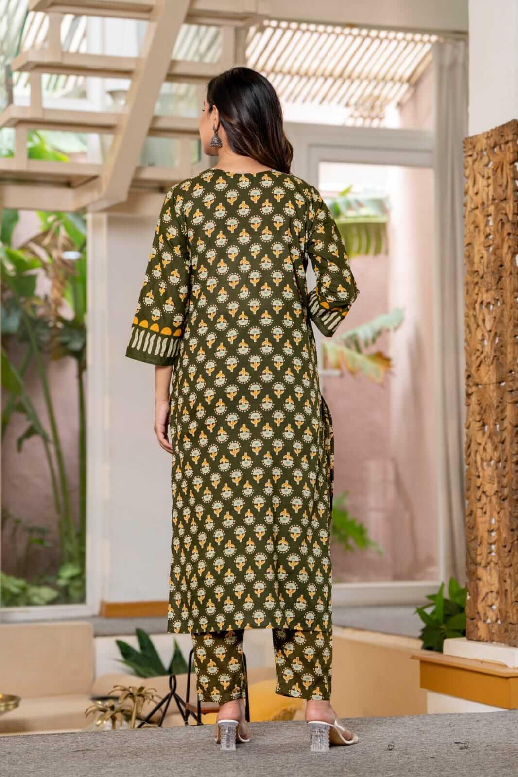 Olive Green Block Printed Cotton Kurta Set with Straight Pants & Matching Dupatta