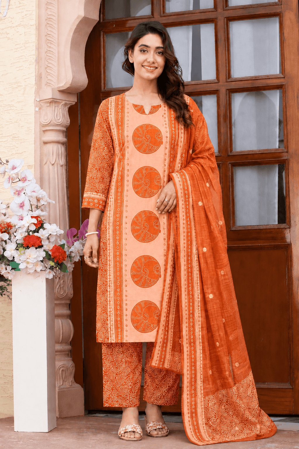 Women's Rust Orange and Peach Pure Cotton Bandhani Printed Kurta Pant Set with Dupatta – 3-Piece Traditional Paneled Straight Suit Set