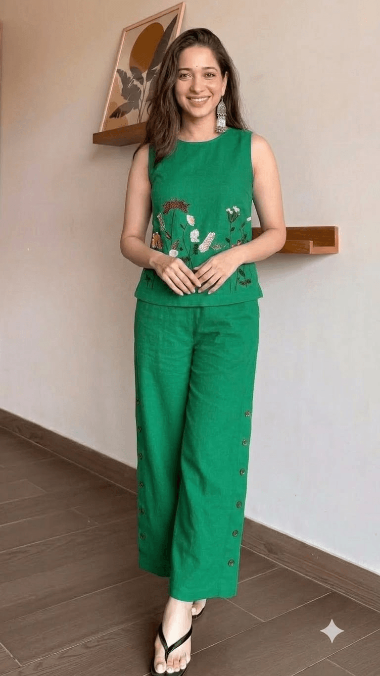Emerald Green Embroidered Cotton Sleeveless Top with Wide-Leg Trouser Set