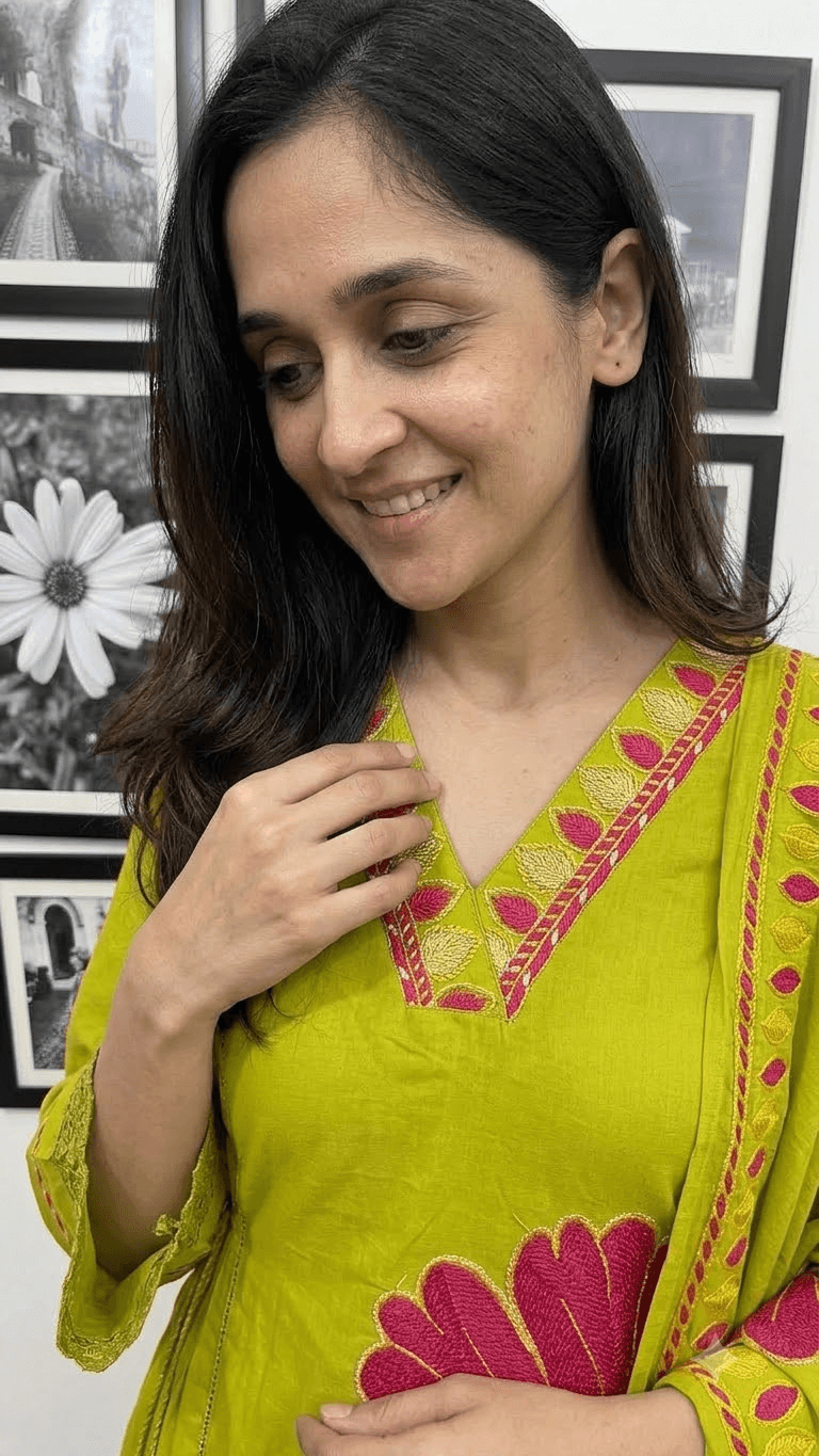 Olive Green Embroidered Cotton Kurta, Salwar with Dupatta Set