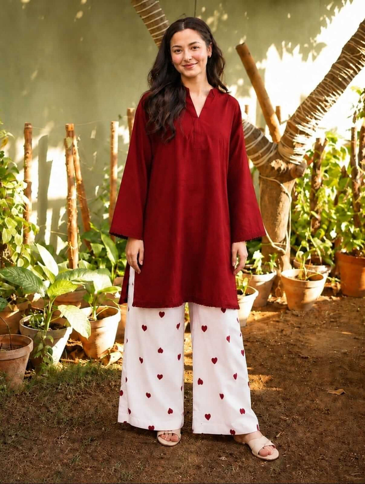 Deep Maroon Short Cotton Tunic Co-Ord Set with Ivory Heart Embroidered Wide-Leg Pants