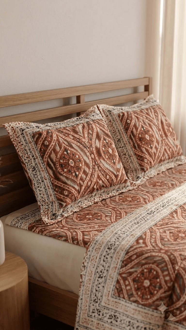 Rust Orange and Terracotta Block-Print Style Cotton Double Bedsheet with Pillow Covers