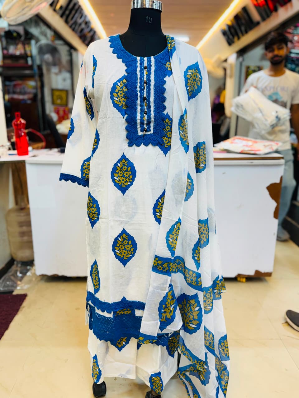 Women's White and Royal Blue Pure Cotton Paisley Print Kurta Pant Set with Dupatta – 3-Piece Traditional Jaipuri Straight Suit Set