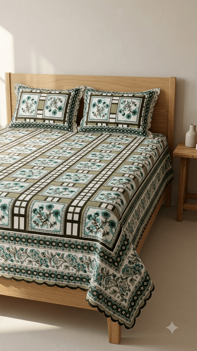 Teal and Beige Geometric Floral Block-Print Style Cotton Double Bedsheet with Lace Pillow Covers