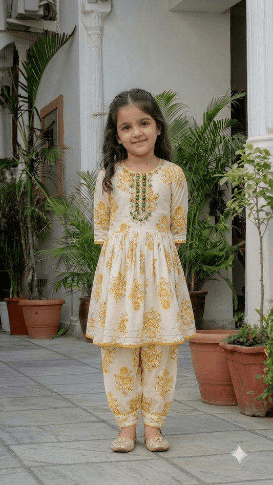 Girls Off-White & Yellow Floral Block Printed Cotton Kurta with Dhoti Pant Set