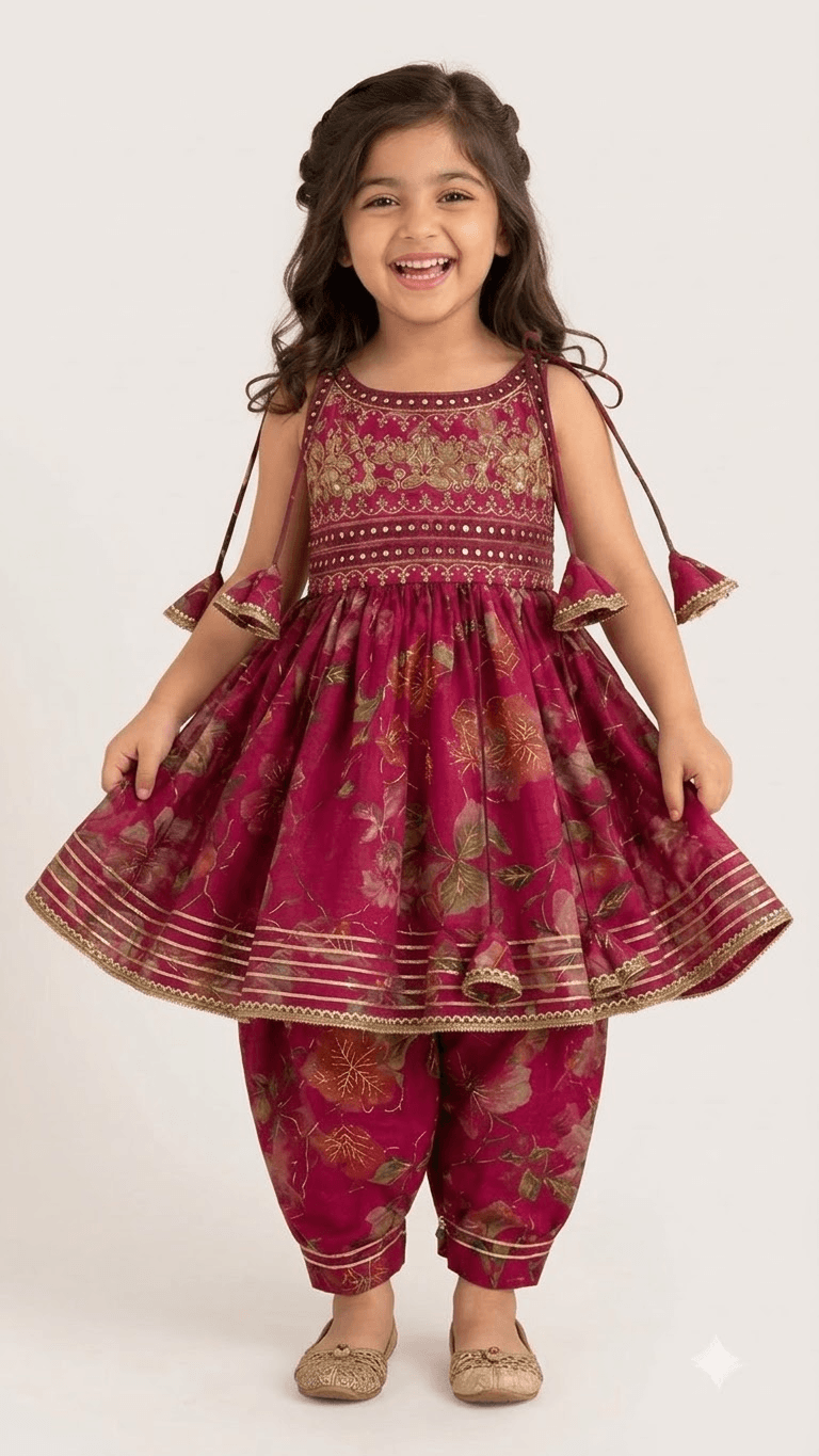 Girls Magenta Pink Floral Printed Peplum Kurta with Dhoti Pant Set