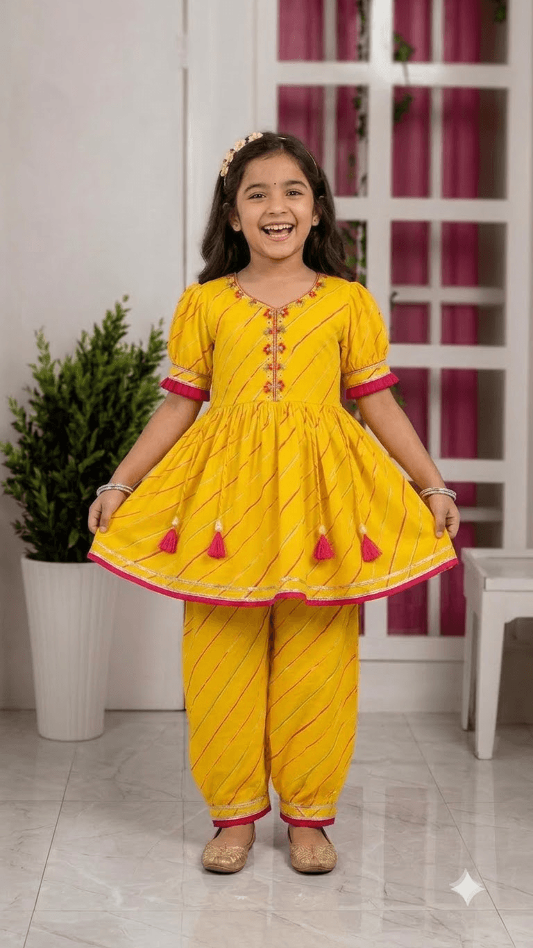 Girls Yellow & Pink Leheriya Printed Cotton Kurta with Dhoti Pant Set