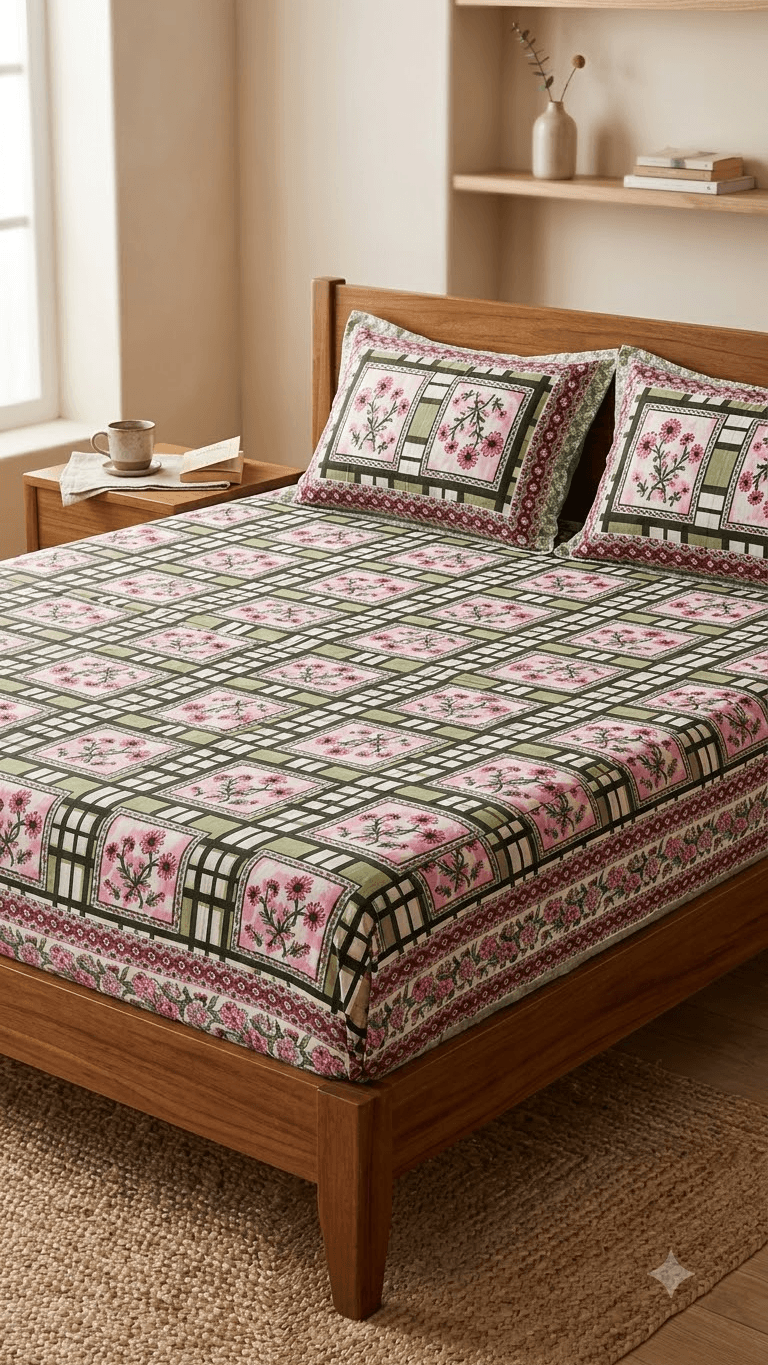 Olive Green and Pink Geometric Check Block-Print Style Cotton Double Bedsheet with Pillow Covers