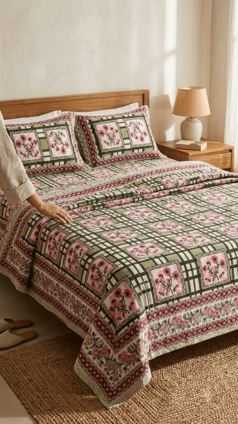 Olive Green and Pink Geometric Check Block-Print Style Cotton Double Bedsheet with Pillow Covers