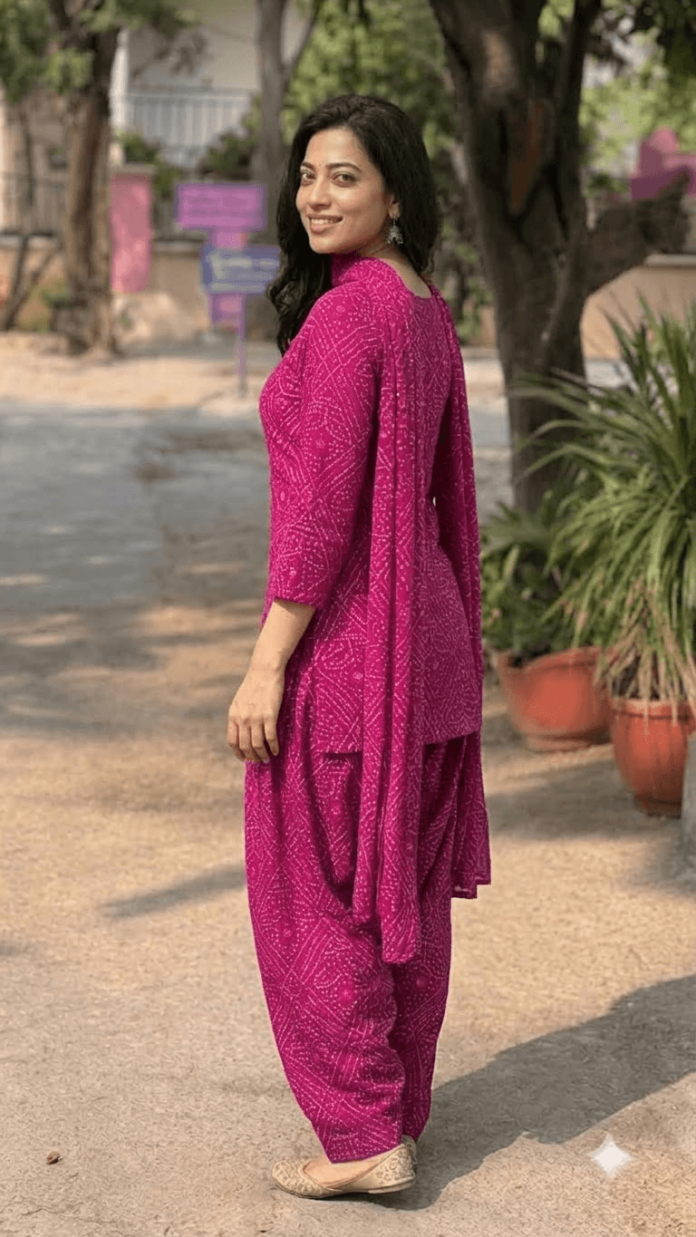Women Magenta Bandhani Printed Cotton Patiyala Salwar Suit Set with Dupatta
