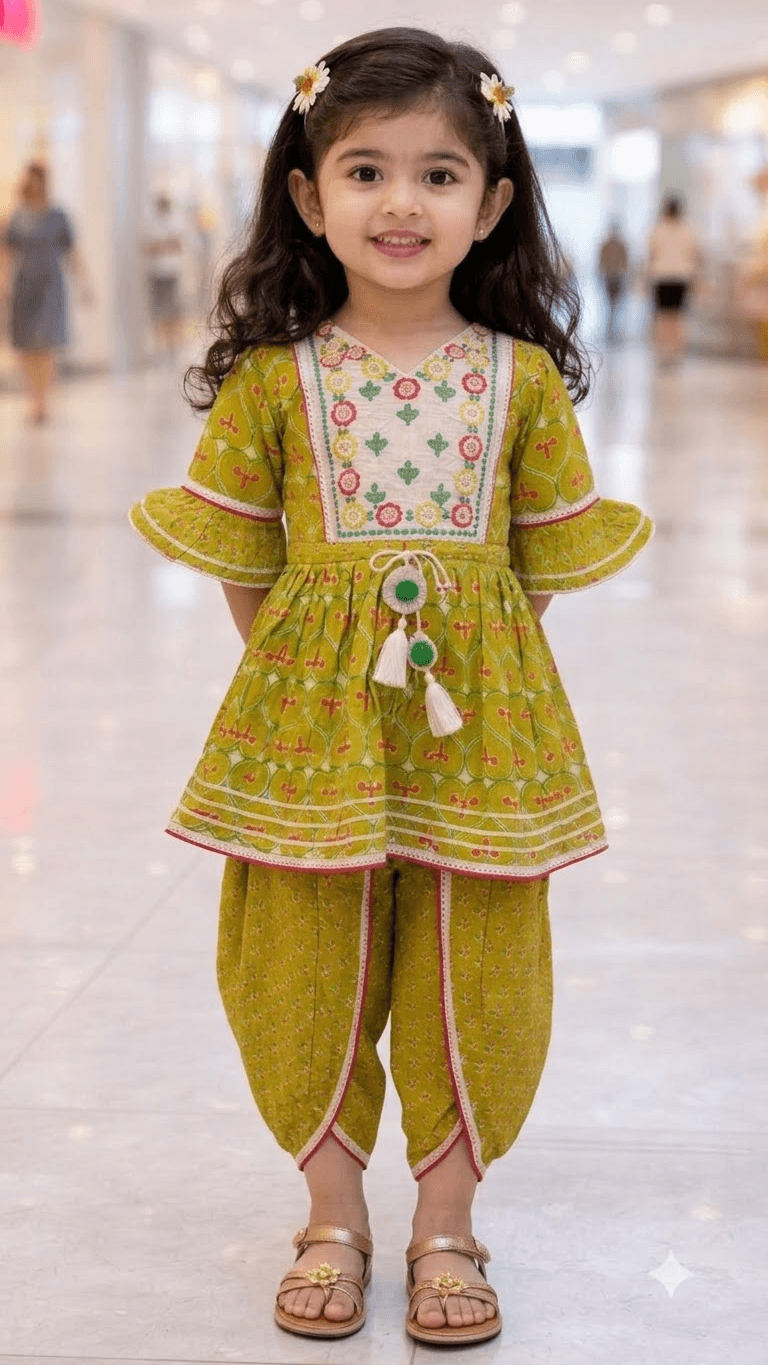 Girls Olive Green Printed Cotton Kurta with Dhoti Pant Set & Embroidered Yoke
