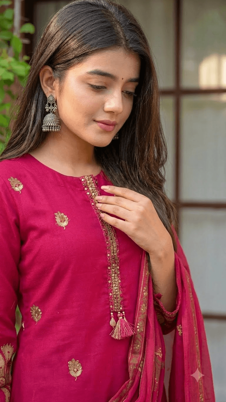 Rani Pink Embroidered Cotton Kurta with Palazzo and Dupatta Set