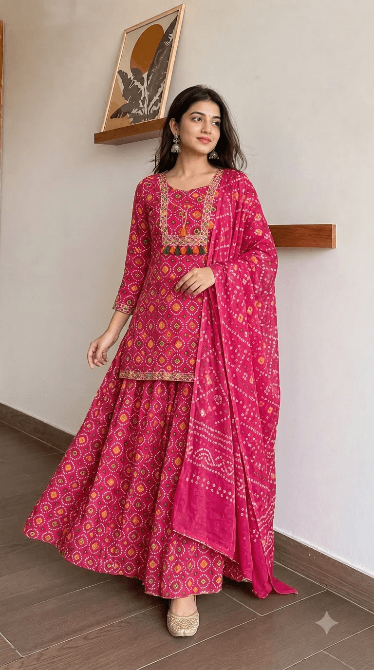 Rani Pink Bandhani-Print Cotton Kurta with Sharara and Dupatta Set