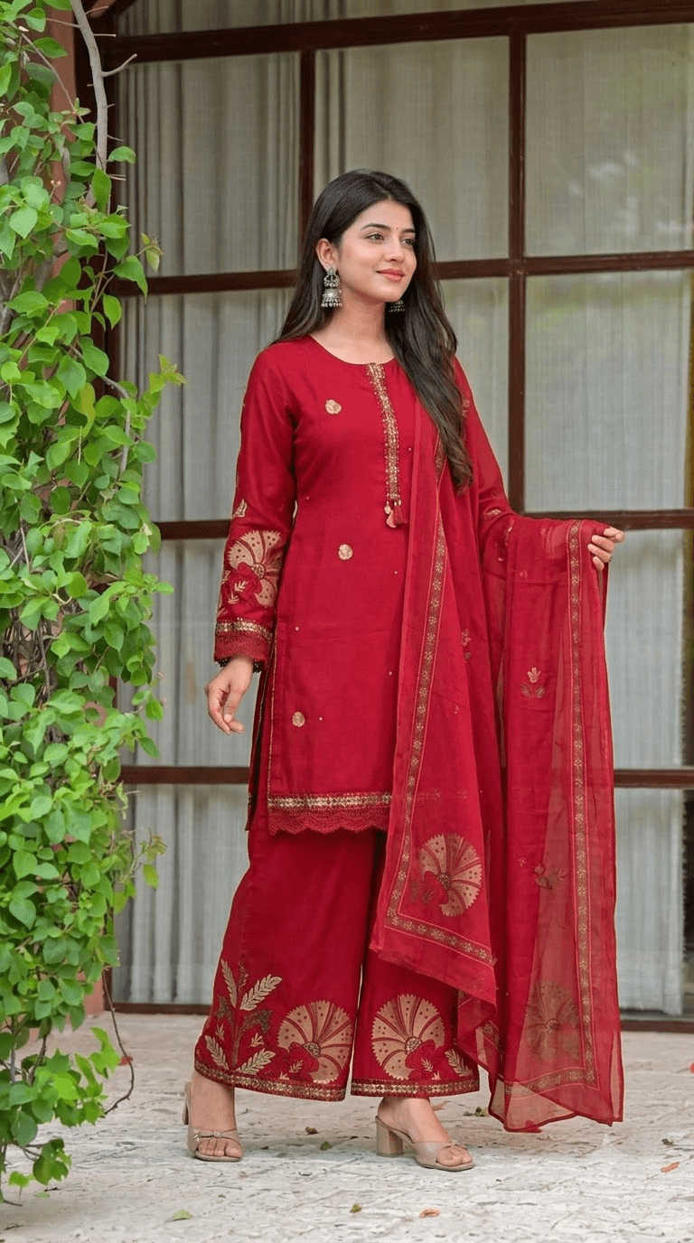 Red Embroidered Cotton Kurta with Palazzo and Dupatta Set
