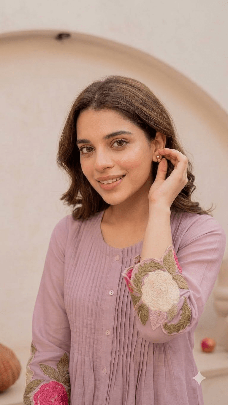 Lavender Embroidered Cotton Kurta with Matching Trouser Set