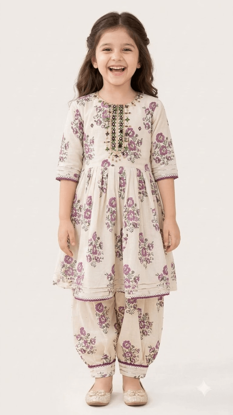 Girls Off-White & Purple Floral Printed Cotton Kurta with Dhoti Pant Set