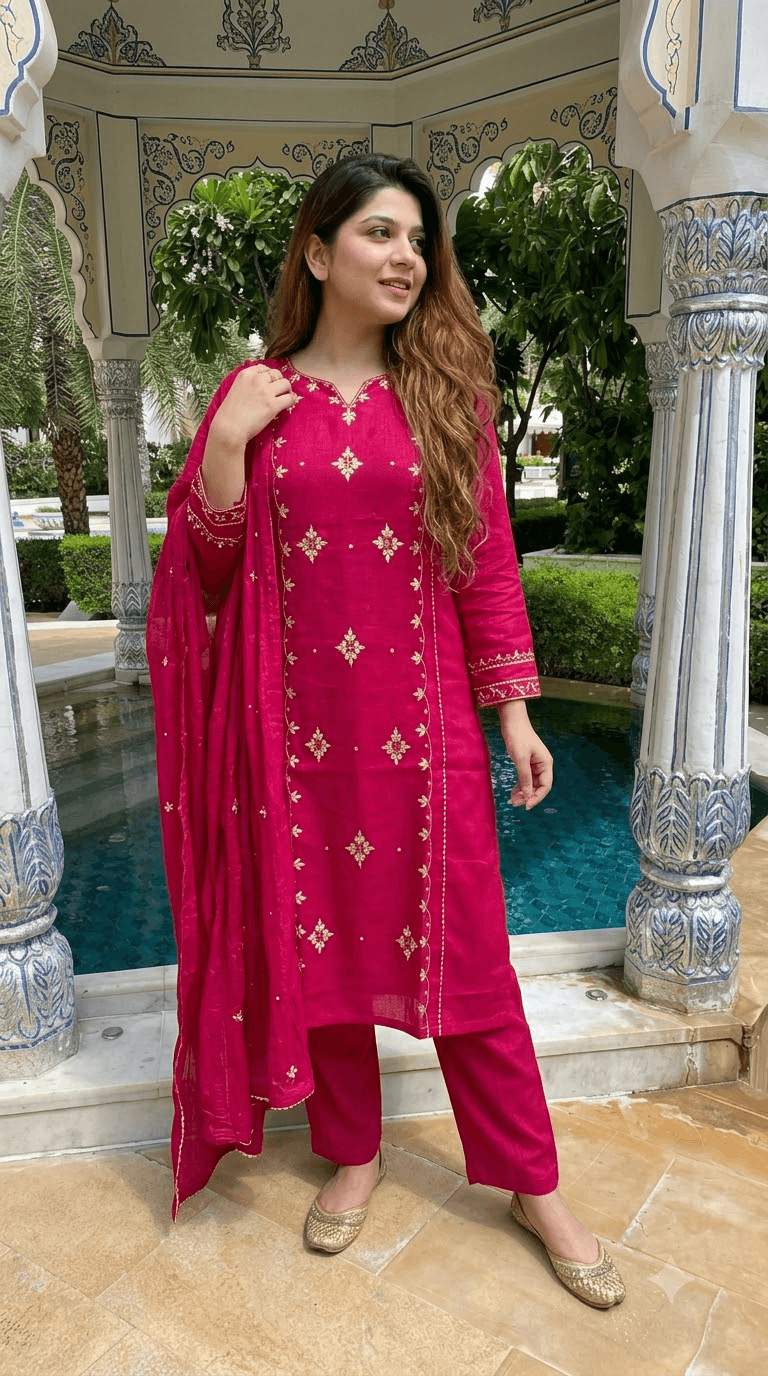 Maroon Embroidered Cotton Kurta with Sharara and Dupatta Set