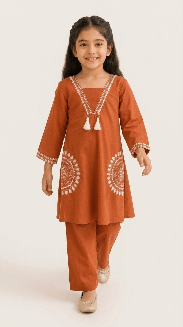 Girls Rust Orange Embroidered Kurta and Palazzo Co-Ord Set | Kids Indo-Western Traditional Cotton Festive Wear Dress