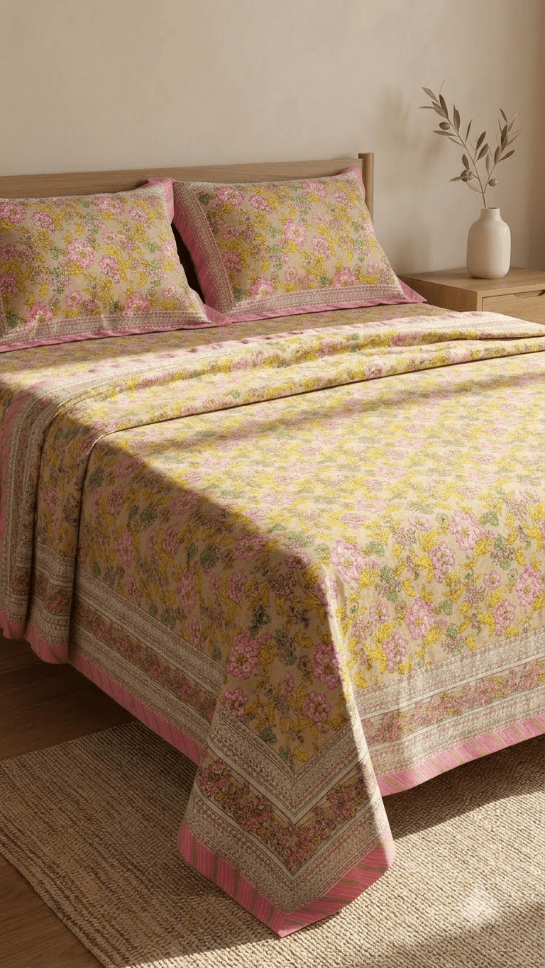 Pink and Yellow Floral Block-Print Style Cotton Double Bedsheet with Pillow Covers