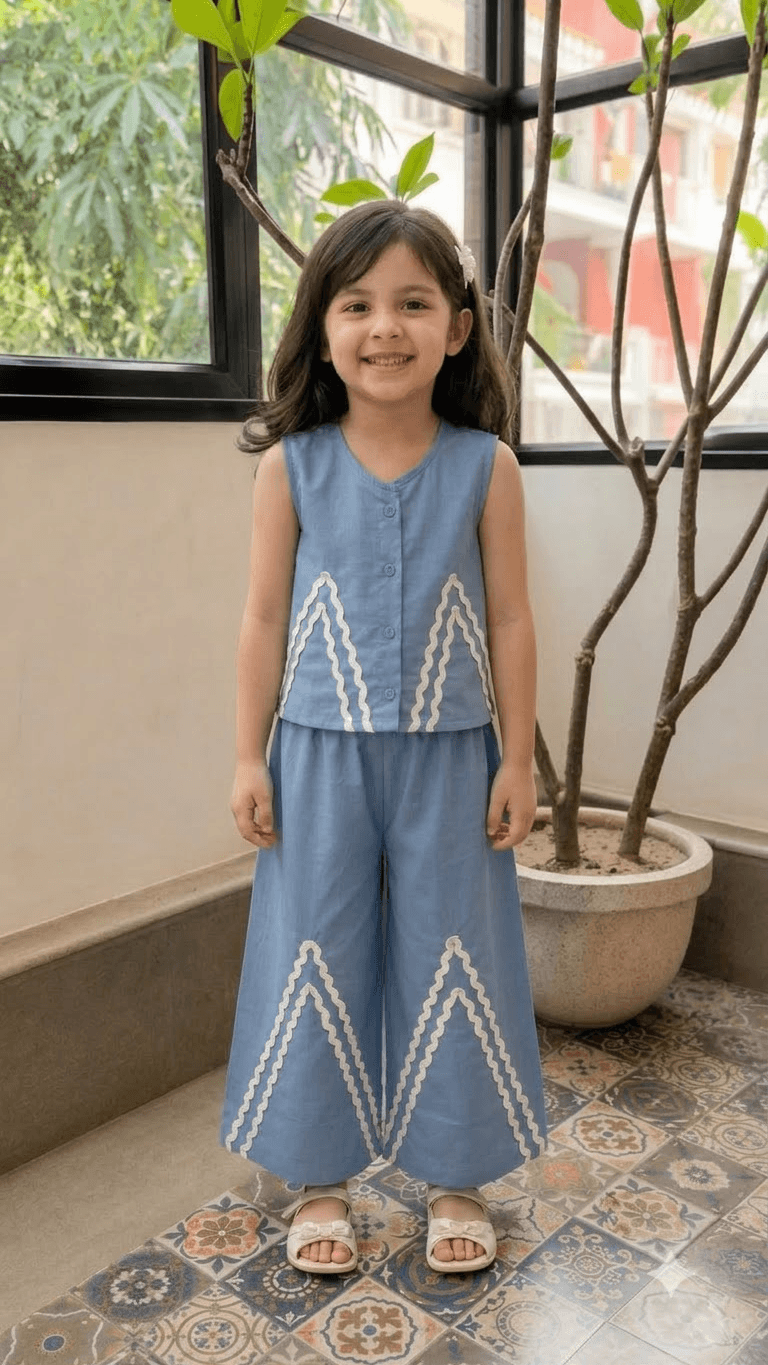 Girls Slate Blue Cotton Vest Top & Wide-Leg Pants Co-Ord Set with Lace Work