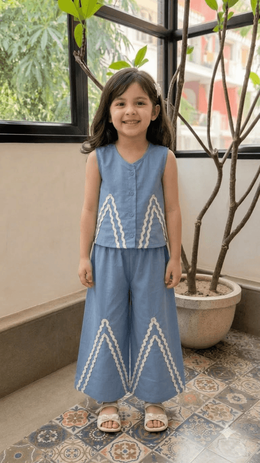 Girls Slate Blue Cotton Vest Top & Wide-Leg Pants Co-Ord Set with Lace Work