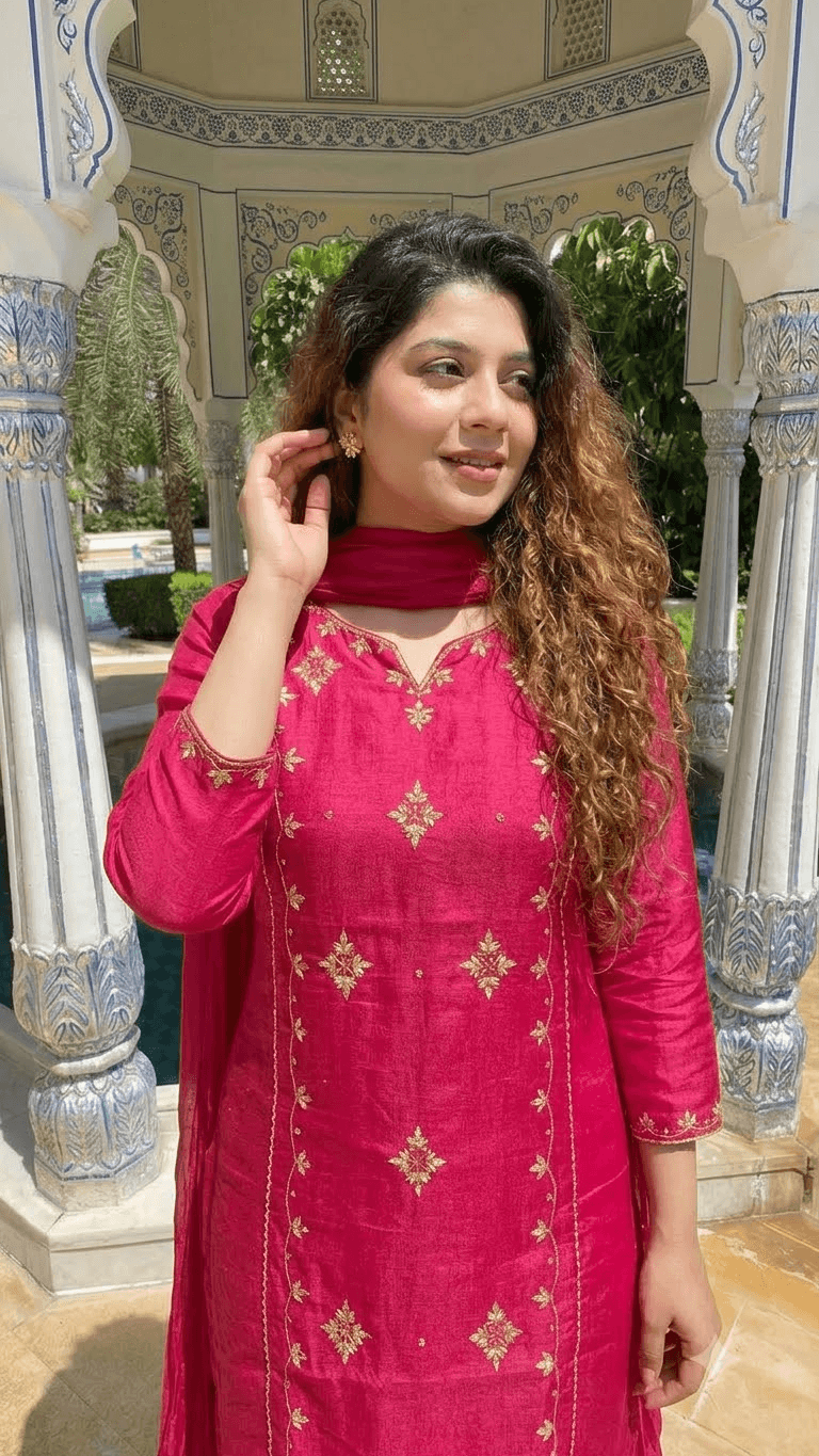 Maroon Embroidered Cotton Kurta with Sharara and Dupatta Set