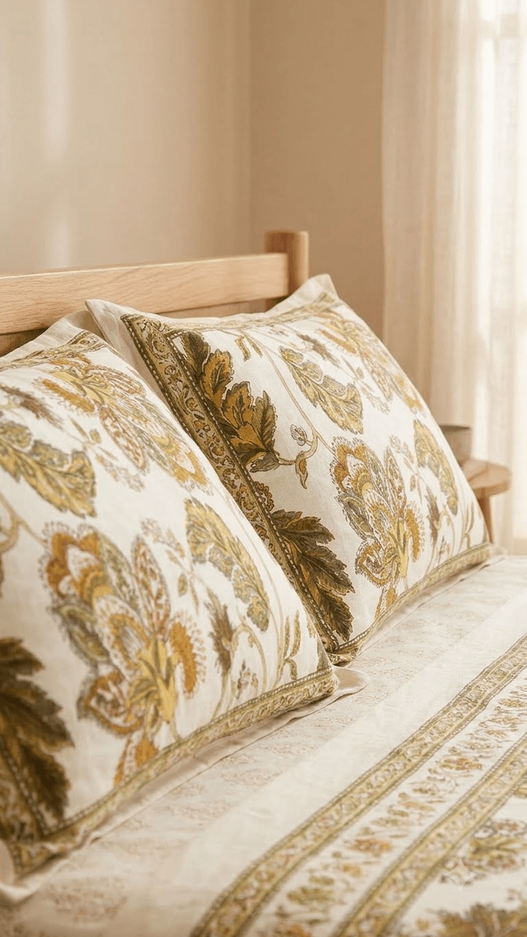 Mustard and Olive Floral Block-Print Style Cotton Double Bedsheet with Pillow Covers