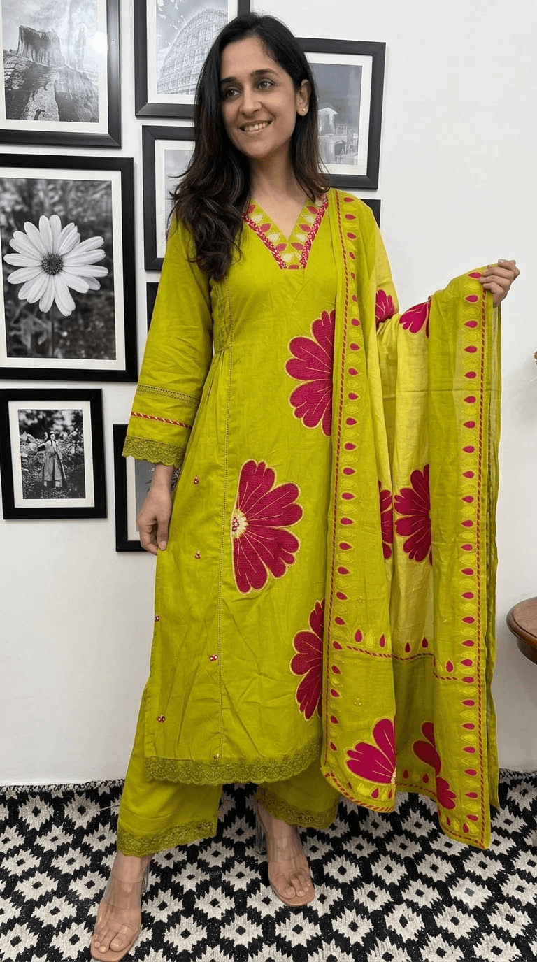 Olive Green Embroidered Cotton Kurta, Salwar with Dupatta Set
