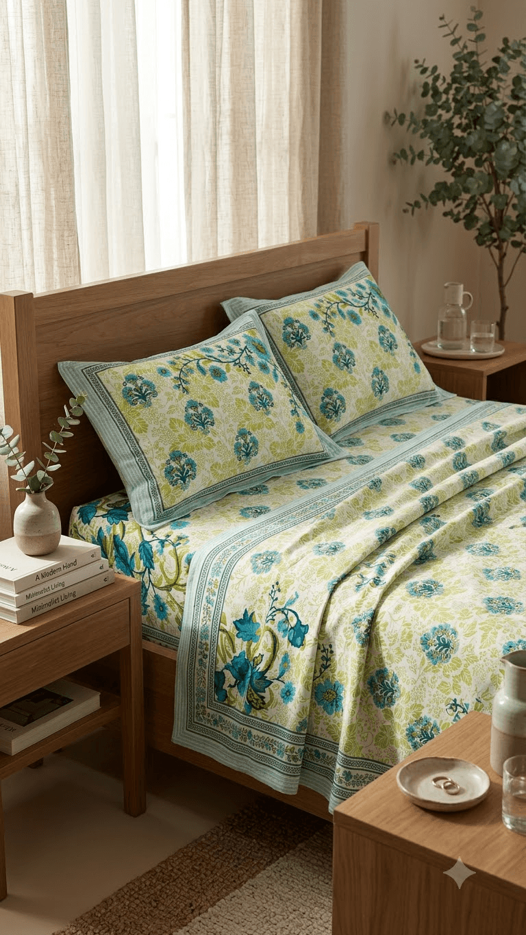 Light Green and Blue Floral Block-Print Style Cotton Double Bedsheet with Pillow Covers